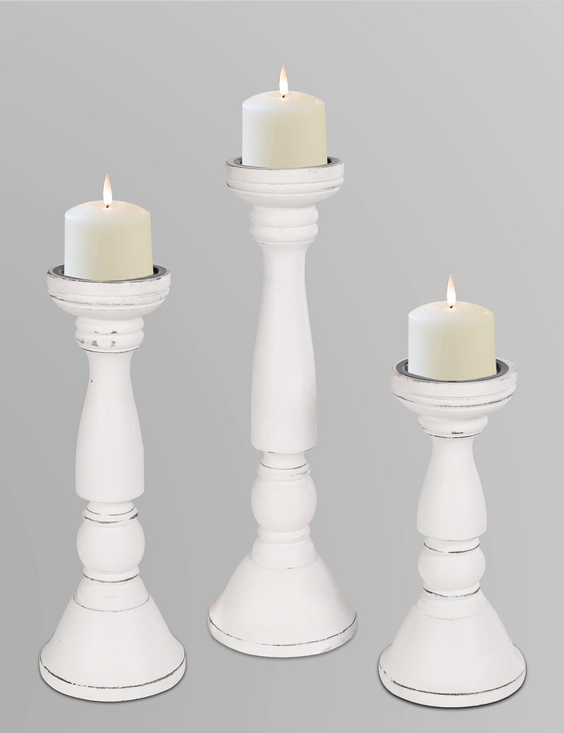 Light & Pro Set of 3 White Antique Farmhouse Wood Pillar Candle Holders - Tall Rustic Candle Holders for Home Decor, Centerpieces, and Weddings, Heights: 16", 14", 12" - Image 2